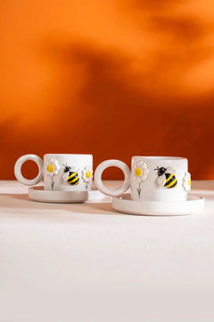 Bee & Daisy Amore 4-Piece Turkish Coffee Set – Handmade Ceramic Cups & Saucers, 90 ml