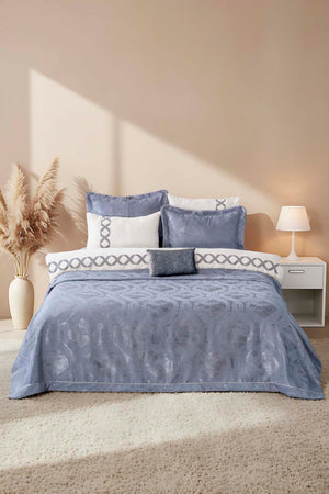 Asia Blue Embroidered Double Bed Duvet Cover Set - 8 Piece Dowry Set