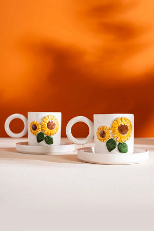 Sunflower Amore Handmade Ceramic Double Turkish Coffee Cup Set