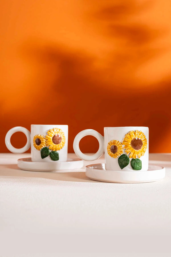 Sunflower Amore Handmade Ceramic Double Turkish Coffee Cup Set