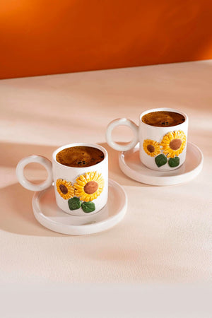 Sunflower Amore Handmade Ceramic Double Turkish Coffee Cup Set