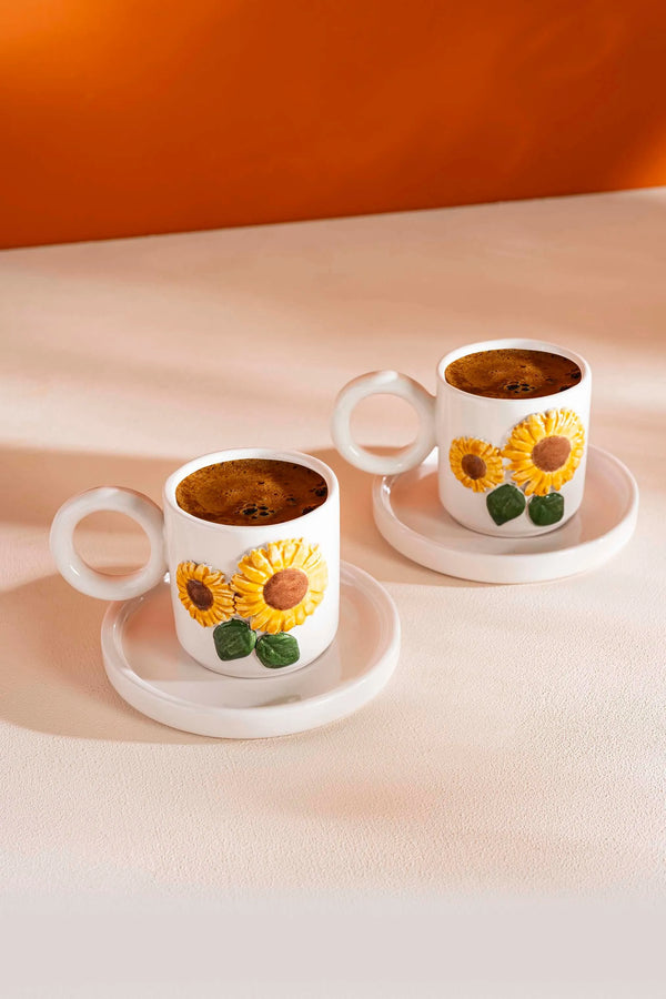 Sunflower Amore Handmade Ceramic Double Turkish Coffee Cup Set