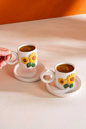 Sunflower Amore Handmade Ceramic Double Turkish Coffee Cup Set