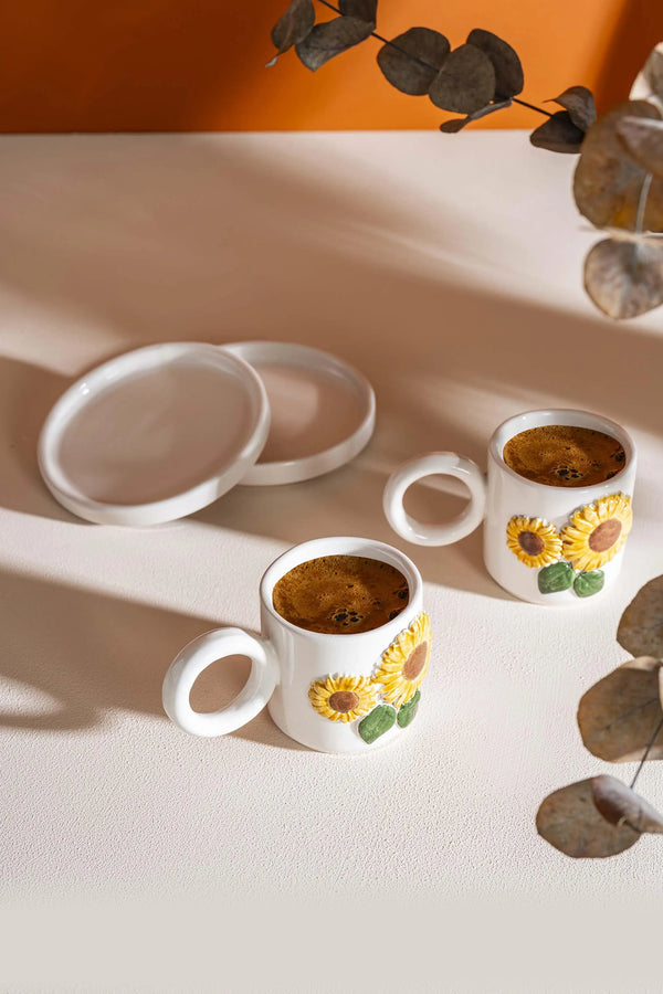 Sunflower Amore Handmade Ceramic Double Turkish Coffee Cup Set