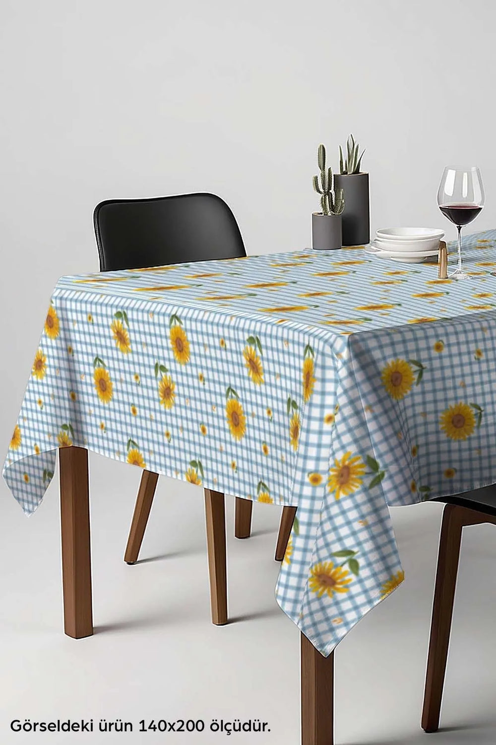 Sunflower Checkered Blue Patterned Tablecloth, Dining Cloth, Picnic Cloth