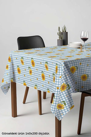 Sunflower Checkered Blue Patterned Tablecloth, Dining Cloth, Picnic Cloth