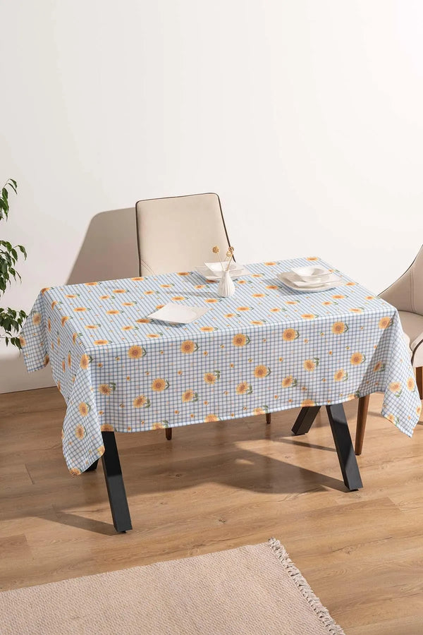 Sunflower Checkered Blue Patterned Tablecloth, Dining Cloth, Picnic Cloth