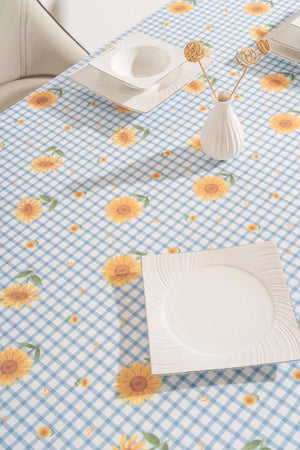 Sunflower Checkered Blue Patterned Tablecloth, Dining Cloth, Picnic Cloth