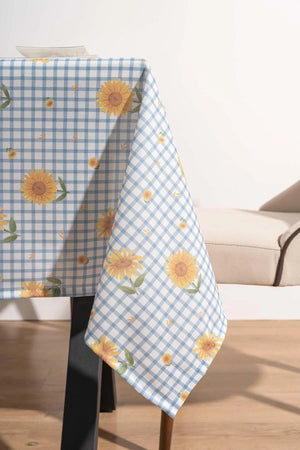 Sunflower Checkered Blue Patterned Tablecloth, Dining Cloth, Picnic Cloth