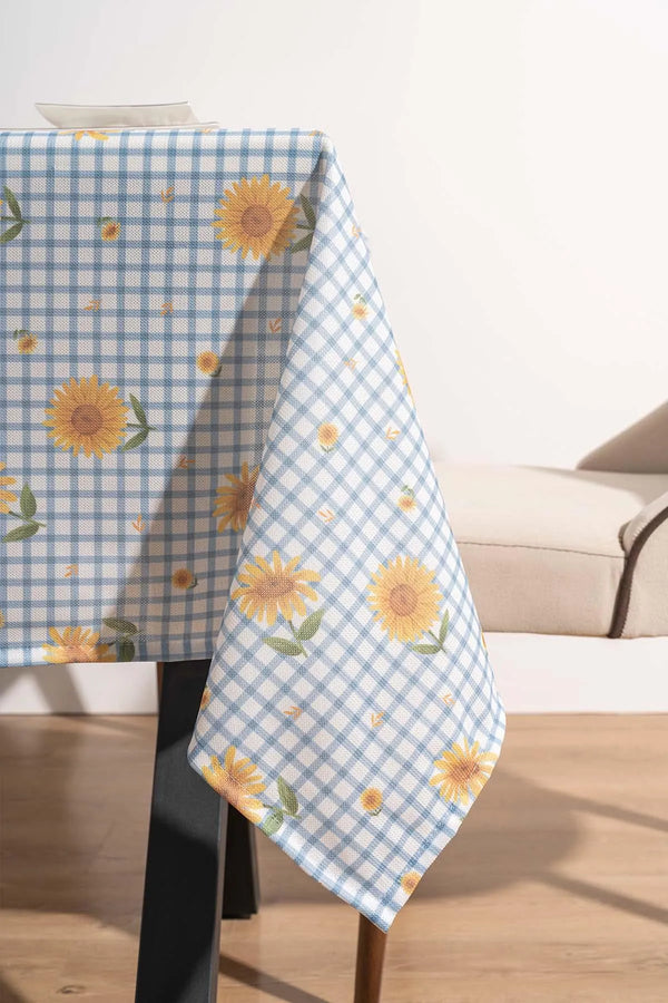 Sunflower Checkered Blue Patterned Tablecloth, Dining Cloth, Picnic Cloth