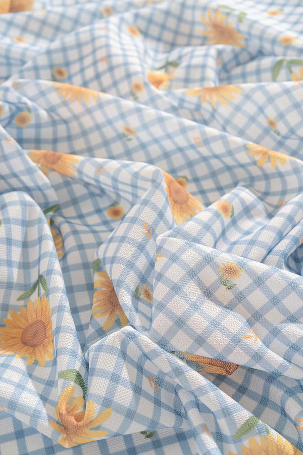 Sunflower Checkered Blue Patterned Tablecloth, Dining Cloth, Picnic Cloth