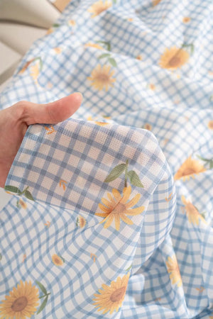 Sunflower Checkered Blue Patterned Tablecloth, Dining Cloth, Picnic Cloth