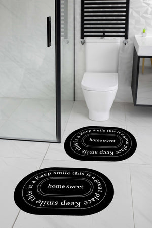 Black & White Text 2-Piece Digital Non-Slip Washable Bathroom Mat Set