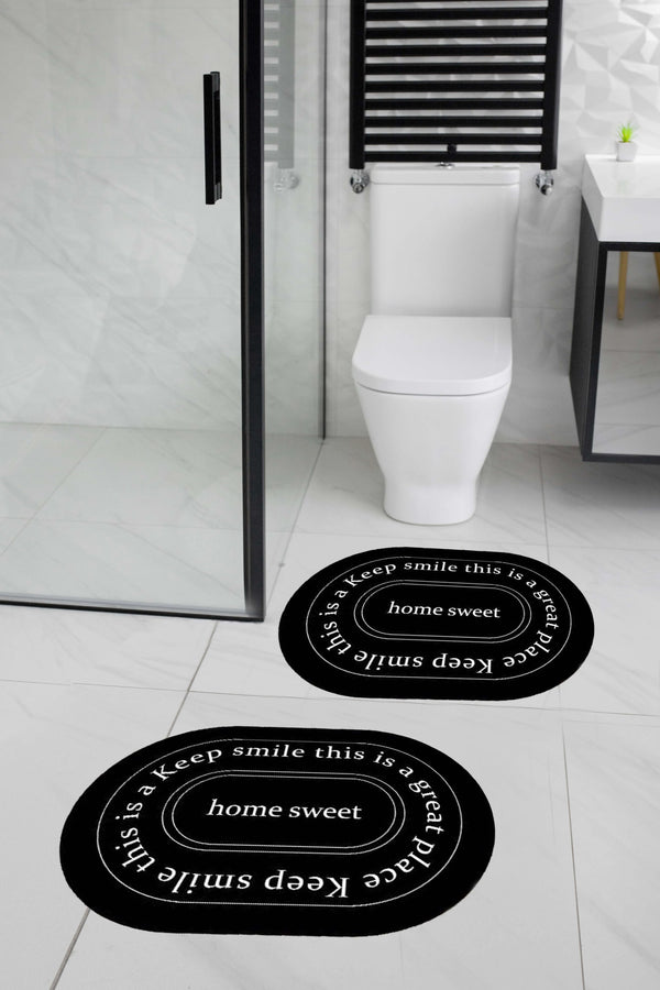 Black & White Text 2-Piece Digital Non-Slip Washable Bathroom Mat Set