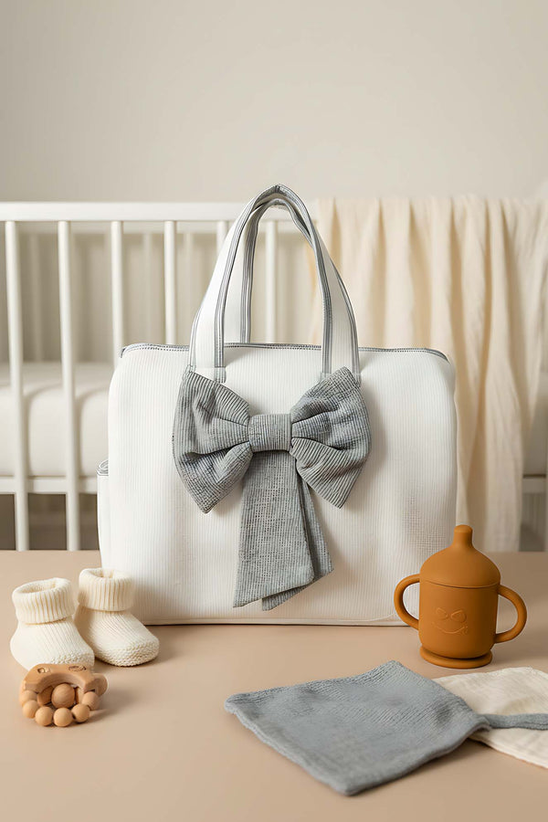 Bow Gray Ribbon Mom & Baby Care Bag – Stylish & Practical Diaper Bag