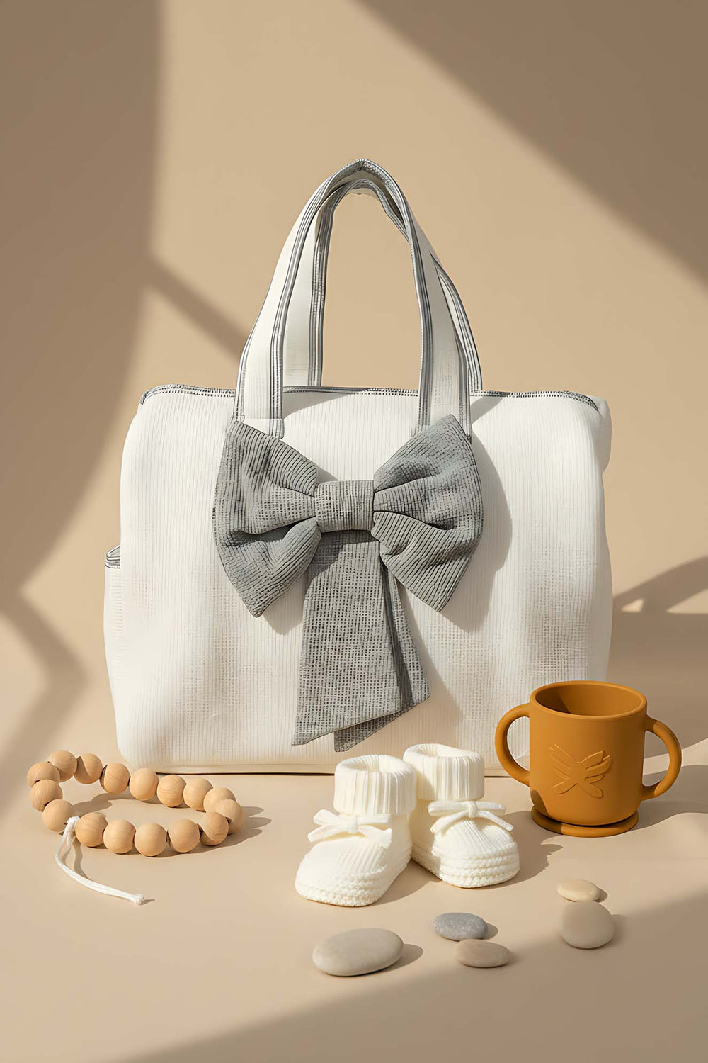 Bow Gray Ribbon Mom & Baby Care Bag – Stylish & Practical Diaper Bag