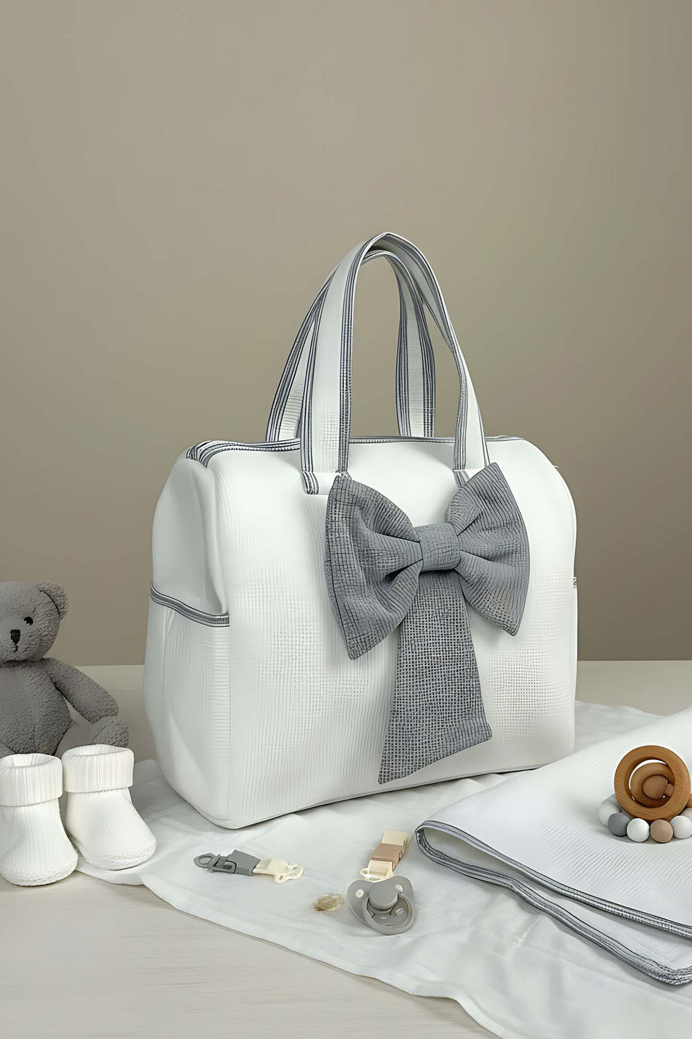 Bow Gray Ribbon Mom & Baby Care Bag – Stylish & Practical Diaper Bag