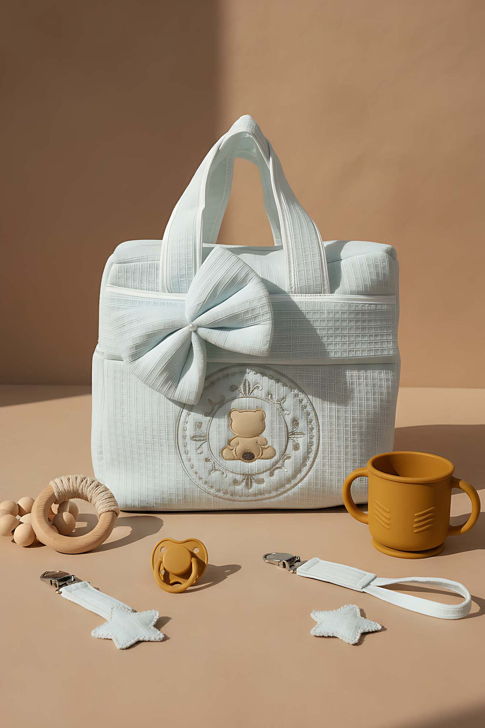 Blue Teddy Bear Bow Mom & Baby Care Bag – Stylish & Practical Diaper Bag