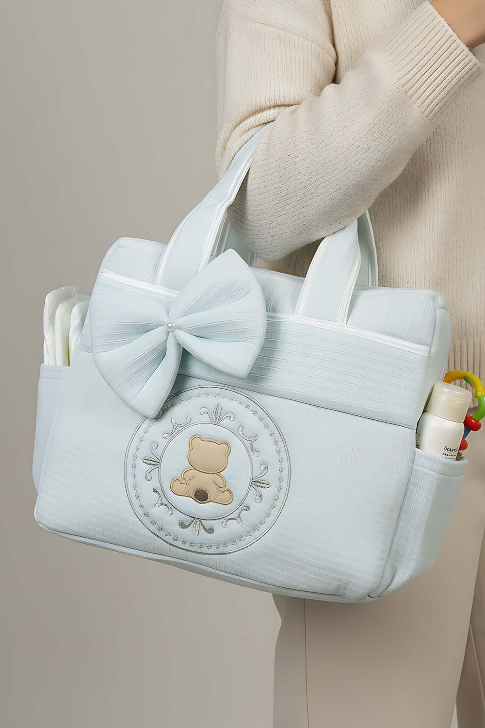 Blue Teddy Bear Bow Mom & Baby Care Bag – Stylish & Practical Diaper Bag
