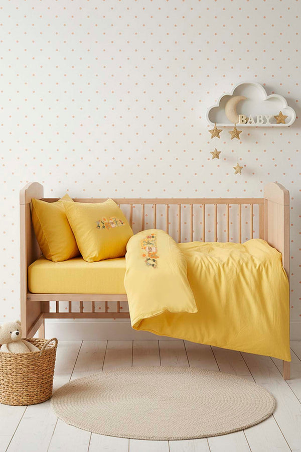 Yellow Embroidered 100% Cotton Baby Duvet Cover Set