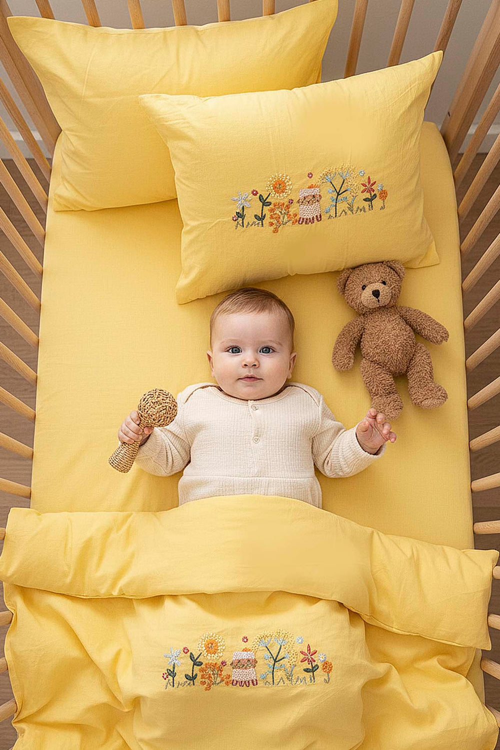 Yellow Embroidered 100% Cotton Baby Duvet Cover Set