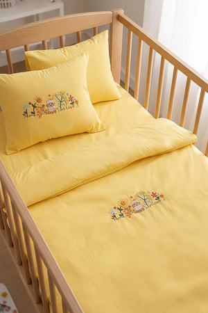 Yellow Embroidered 100% Cotton Baby Duvet Cover Set