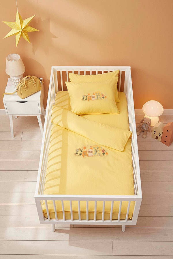 Yellow Embroidered 100% Cotton Baby Duvet Cover Set