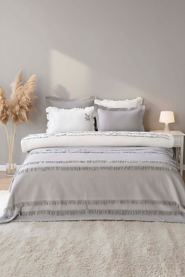 Brianna Grey Double Duvet Cover & Bedspread Set – 7-Piece Bridal Set | 100% Cotton