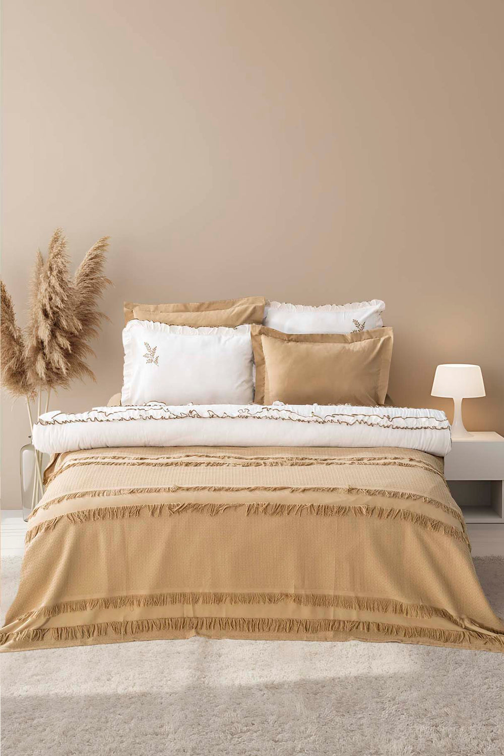 Brianna Khaki Double Duvet Covered Bedspread - 7-Piece Bridal Set 100% Cotton