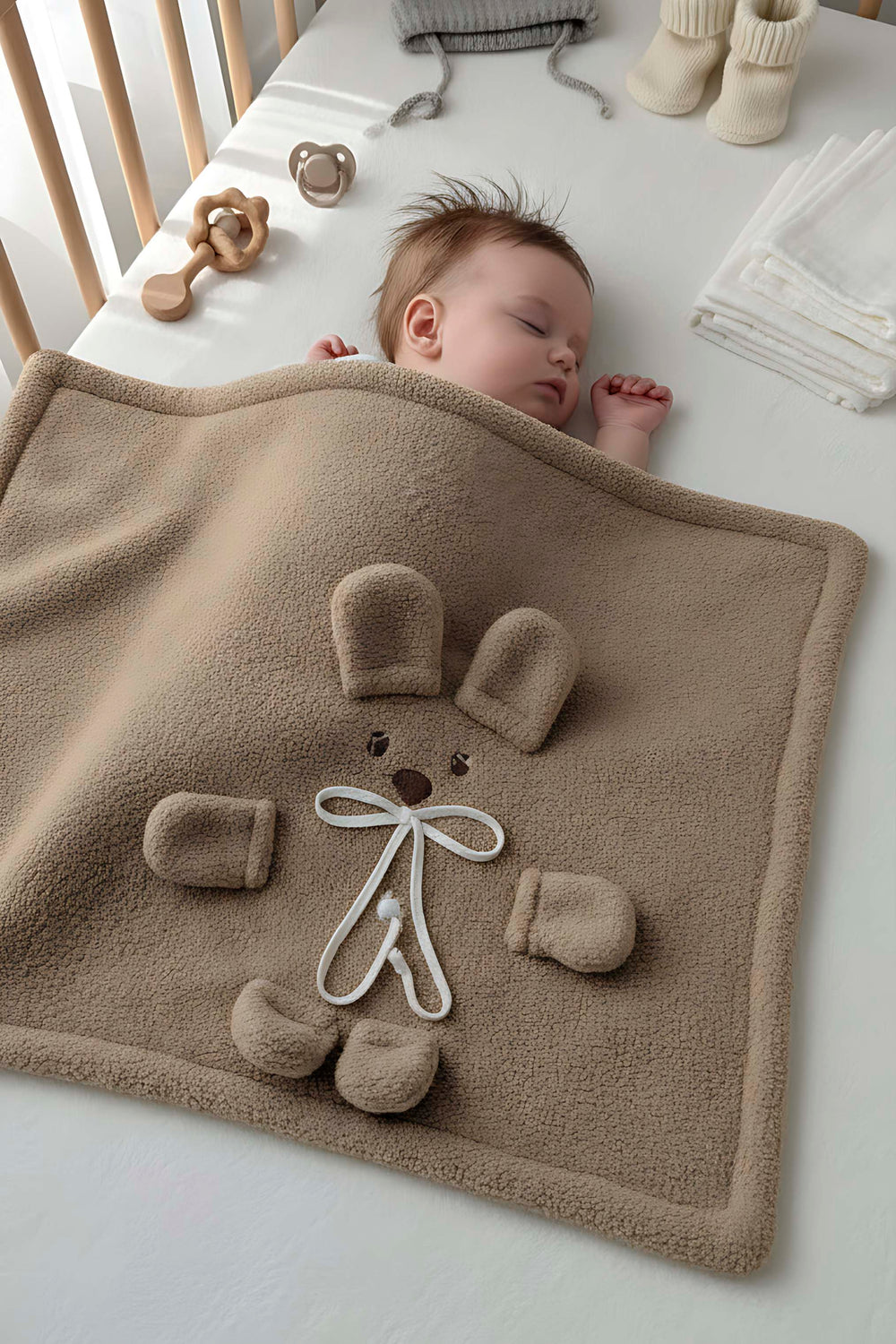 Plush Brown Baby Blanket with Teddy Bear Design – Cozy & Gentle
