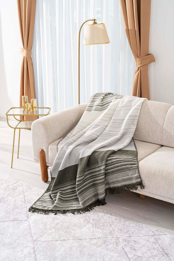 Veloura Khaki Striped Throw/TV Blanket – Soft & Warm Cotton Blend, Thick Fabric, 130x170cm