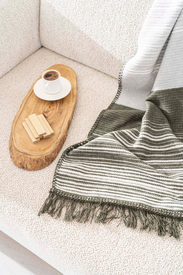 Veloura Khaki Striped Throw/TV Blanket – Soft & Warm Cotton Blend, Thick Fabric, 130x170cm