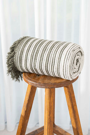 Veloura Khaki Striped Throw/TV Blanket – Soft & Warm Cotton Blend, Thick Fabric, 130x170cm