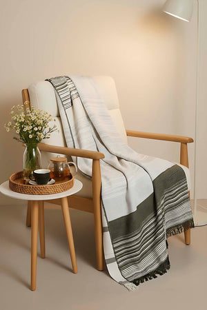 Veloura Khaki Striped Throw/TV Blanket – Soft & Warm Cotton Blend, Thick Fabric, 130x170cm