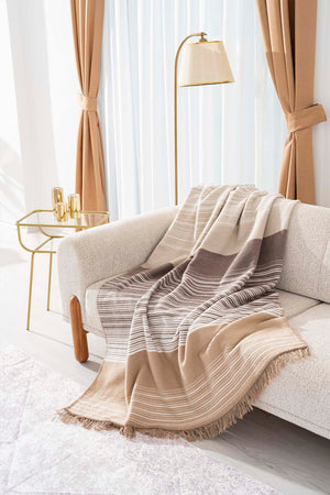 Veloura Beige Striped Throw/TV Blanket – Soft & Warm Cotton Blend, Thick Fabric, 130x170cm