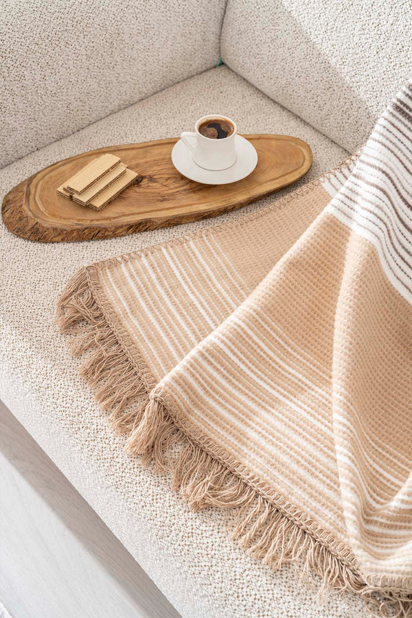 Veloura Beige Striped Throw/TV Blanket – Soft & Warm Cotton Blend, Thick Fabric, 130x170cm