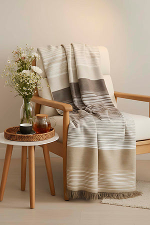 Veloura Beige Striped Throw/TV Blanket – Soft & Warm Cotton Blend, Thick Fabric, 130x170cm