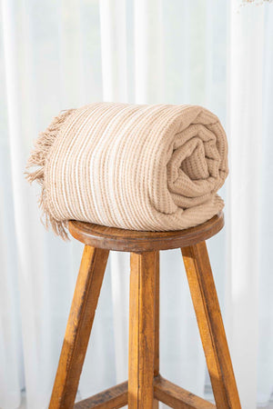 Veloura Beige Striped Throw/TV Blanket – Soft & Warm Cotton Blend, Thick Fabric, 130x170cm