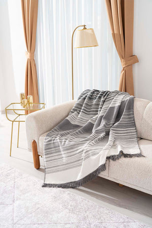 Veloura Anthracite Striped Throw/TV Blanket – Soft & Warm Cotton Blend, Thick Fabric, 130x170 cm