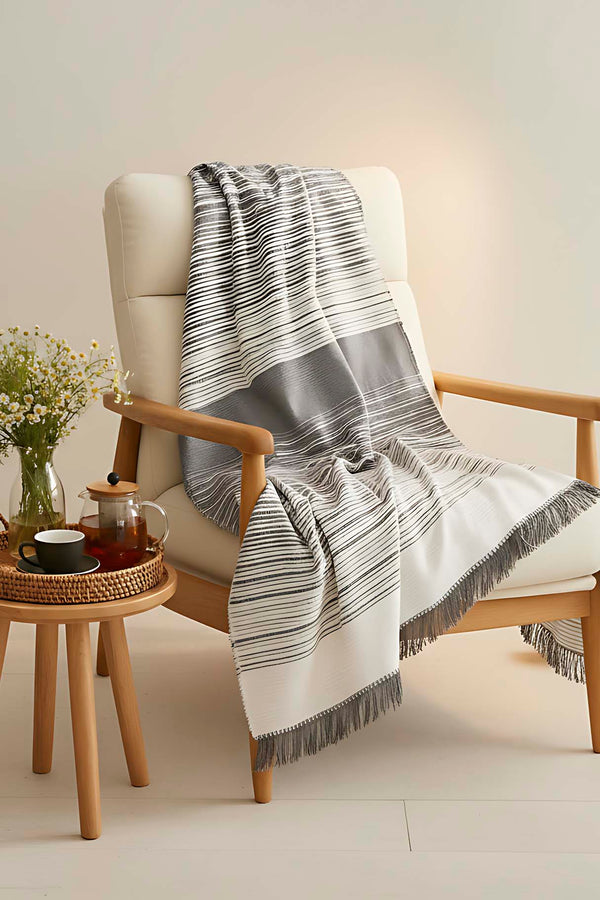 Veloura Anthracite Striped Throw/TV Blanket – Soft & Warm Cotton Blend, Thick Fabric, 130x170 cm