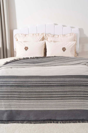 Veloura Anthracite Double Size Tasseled Throw/Blanket – Extra Soft Cotton Blend, 180x220 cm