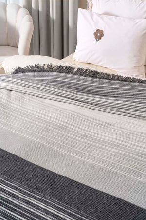 Veloura Anthracite Double Size Tasseled Throw/Blanket – Extra Soft Cotton Blend, 180x220 cm