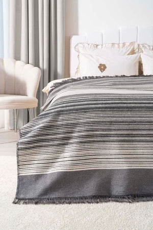 Veloura Anthracite Double Size Tasseled Throw/Blanket – Extra Soft Cotton Blend, 180x220 cm