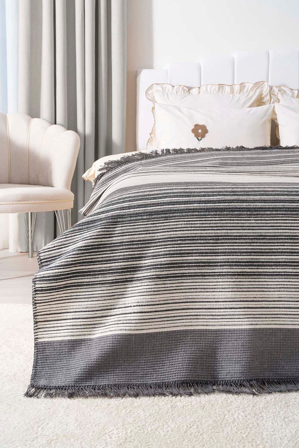 Veloura Anthracite Double Size Tasseled Throw/Blanket – Extra Soft Cotton Blend, 180x220 cm