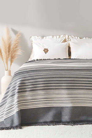 Veloura Anthracite Double Size Tasseled Throw/Blanket – Extra Soft Cotton Blend, 180x220 cm