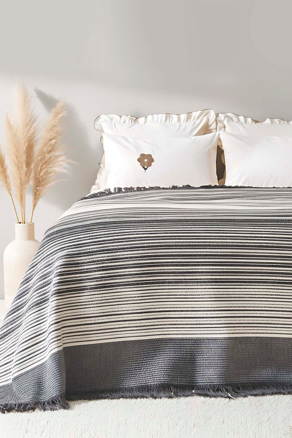 Veloura Anthracite Double Size Tasseled Throw/Blanket – Extra Soft Cotton Blend, 180x220 cm