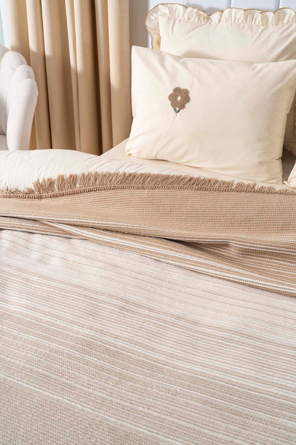 Veloura Beige Double Size Tasseled Throw/Blanket – Extra Soft Cotton Blend, 180x220 cm