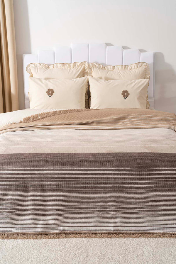 Veloura Beige Double Size Tasseled Throw/Blanket – Extra Soft Cotton Blend, 180x220 cm