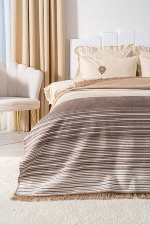 Veloura Beige Double Size Tasseled Throw/Blanket – Extra Soft Cotton Blend, 180x220 cm