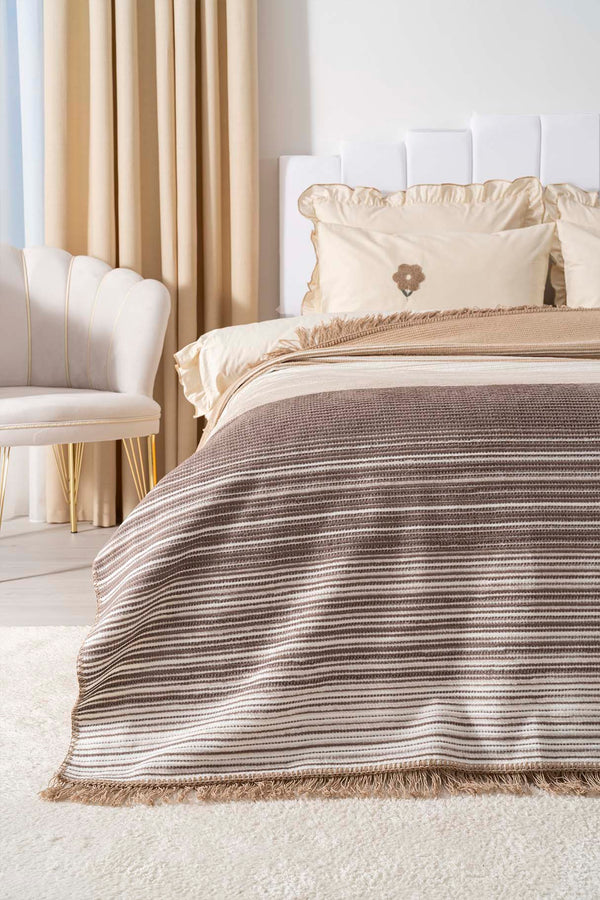 Veloura Beige Double Size Tasseled Throw/Blanket – Extra Soft Cotton Blend, 180x220 cm